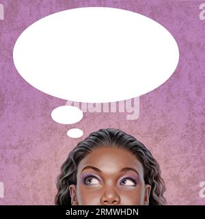 Illustration of African American Girl Looking Thoughtful with Empty Thought Bubble Stock Photo