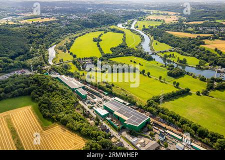 Aerial view, Old Ruhr Katzenstein, Green meadows and fields at the river Ruhr and Ruhraue, Kemnade moated castle with Ruhr bridge Kemnade, Bötzel scra Stock Photo