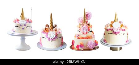 Collection of beautiful unicorn cakes with golden horns, eyelashes and cream cheese frosting isolated on white background, png Stock Photo