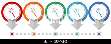 Magic wand vector icon set, flat design infographic template, set pointer concept icons in 5 color options for webdesign and mobile applications Stock Vector