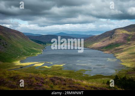 An Aerial view of Loch Lee surrounded by lush green during a cloudy weather in Scotland Stock Photo