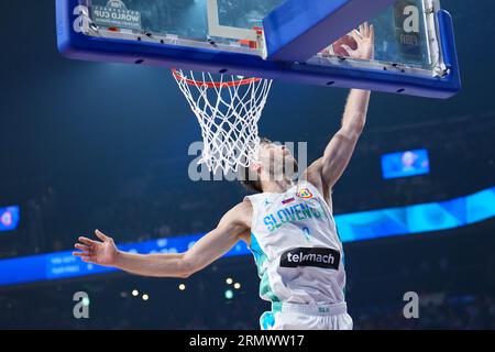 Okinawa, Japan. 30th Aug, 2023. Luka Doncic of Slovenia dunks during the group F first round match between Slovenia and Cape Verde at the FIBA World Cup 2023 in Okinawa, Japan, Aug. 30, 2023. Credit: Zhang Xiaoyu/Xinhua/Alamy Live News Stock Photo