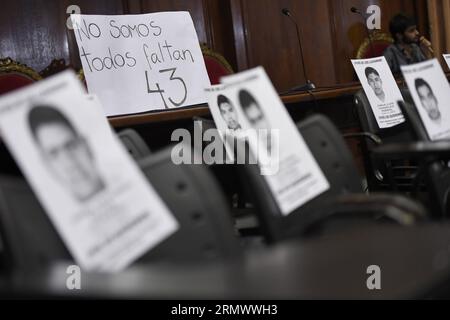 (141112) -- MONTEVIDEO, Nov. 12, 2014 -- Chairs with portraits are seen during an act to support the family members of the 43 students of the Normal Rural School of Ayotzinapa, that went missing in Iguala, Guerrero, organized by the Uruguayan Networks in Solidarity with the Mexican People, in the Auditorium of the University of the Republic of Uruguay, in Montevideo, capital of Uruguay, on Nov. 11, 2014. Nicolas Celaya) URUGUAY-MONTEVIDEO-MEXICO-SOCIETY-RALLY e NICOLASxCELAYA PUBLICATIONxNOTxINxCHN Stock Photo