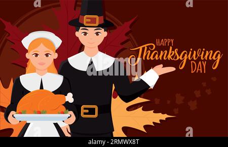 Cute couple characters with pilgrim clothes Happy thanksgiving day Vector Stock Vector