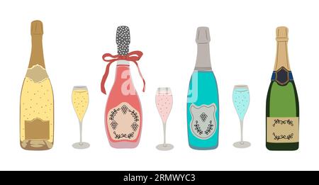 Set of different Champagne bottles with glasses.  Stock Vector