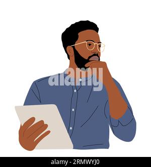 Black man thinking about business problems vector. Stock Vector