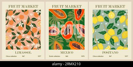 Set of abstract Fruit Market retro posters vector. Stock Vector
