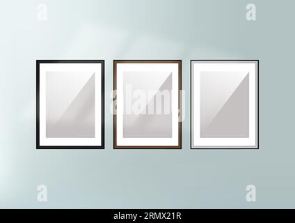 Set of Realistic Light Wood Blank Picture Frames and Dark Wood Blank Picture Frames, hanging on a White Wall from the Front. White and Black Blank Pic Stock Vector