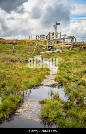 Signpost and footpath through upland moorland on the border ridge, Pennine Way, Northumberland National Park Stock Photo