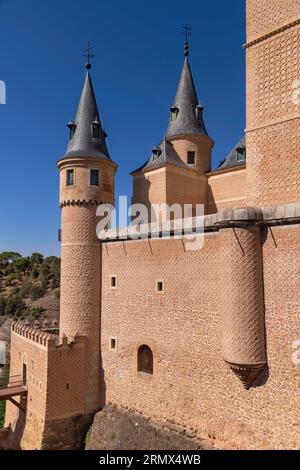Spain, Castile and Leon, Segovia, 12th century Alcazar of Segovia with a view of some of the turrets on the 15th century Tower of John 2nd of Castile Stock Photo
