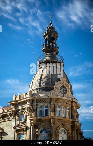 Detail of one of the domes of the Cartagena City Hall with its clock, Region of Murcia, Spain Stock Photo