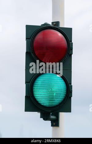 Traffic light with barrier gate work. Traffic lights with two colors on, red and green Stock Photo