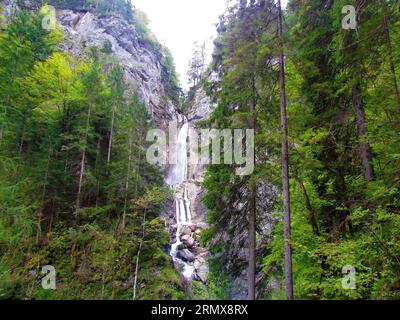 Lower waterfall of Gozd Martuljek in Julian alps and Triglav national park in Gorenjska region of Slovenia with spruce trees on the side Stock Photo