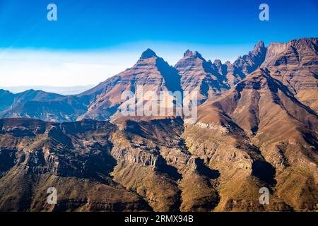 Aerial view of Cathedral Peak in Drakensberg mountains, at the Lesotho ...