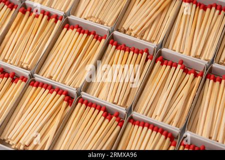 Boxes with new matchsticks as a background. Top view Stock Photo - Alamy