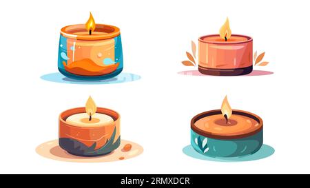 Set Interior aromatic spa candles. Decorative Wax burning handmade candles of various designs in jars with essential oils. For relaxation and spa. Vec Stock Vector