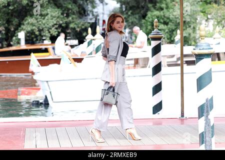 Venice, Italy. 30th Aug, 2023. VENICE, ITALY - Claudia Gerini arrives at the Hotel Excelsior pier for the 80th Venice International Film Festival 2023 on August 30, 2023 in Venice, Italy.(Photo by Mark Cape/Insidefoto) Credit: Insidefoto di andrea staccioli/Alamy Live News Stock Photo