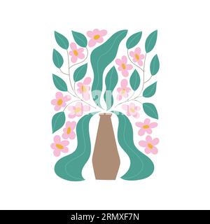 Abstract flower composition in vase. Trendy cute tiny pink flowers poster, wall art. Stock Vector