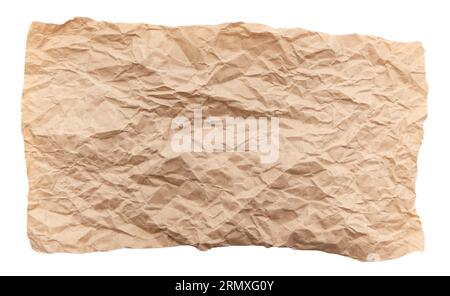 Sheet of crumpled craft paper on a white background. Piece of wrinkled paper for wrapping Stock Photo