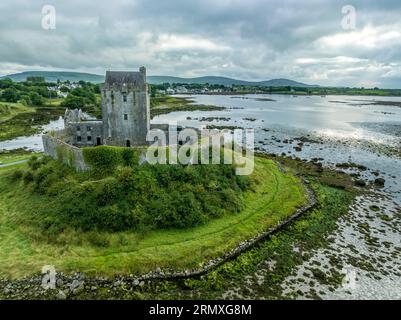 Aerial view of Dunguaire Castle is a 16th-century tower house on the southeastern shore of Galway Bay in County Galway, Ireland, near Kinvara Stock Photo