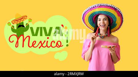 Banner for Happy Mexican Independence Day with young woman and food Stock Photo