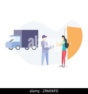 person Delivering food service on van illustration useable for ios and web Stock Vector