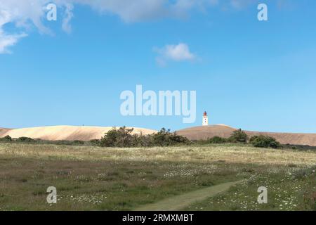 Rubjerg Knude Lighthouse on the coast of the North Sea in the Jutland in northern Denmark. Natural landscape with sand dunes. Stock Photo