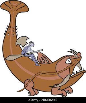 Fisherman Sailor Over Catfish illustration inspired by the Mochica (Moche) Huaco culture of Peru. Stock Vector
