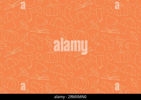 autumn seamless pattern with leaves, acorns, apples, umbrellas, pumkins, books, and other floral elements- vector illustration Stock Vector