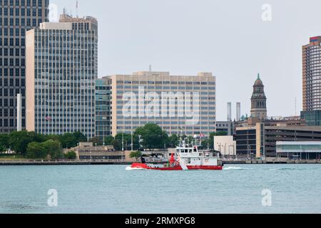 The Canadian Coast Guard specialty Search and Rescue Ship the Cariboo Isle works in the St Clair River just offshore of Detroit Michigan. Stock Photo