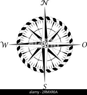 Compass rose vector with four wind directions and German East Description. With cord frame in black and white. Eight spike wind rose. Stock Vector