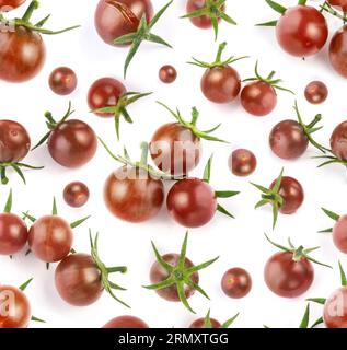 Fresh ripe cherries tomato with green peduncle seamless pattern isolated on white Stock Photo