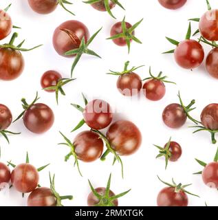 Fresh ripe cherries tomato with green peduncle seamless pattern isolated on white Stock Photo