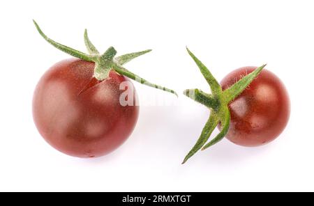 Fresh ripe cherries tomato with green peduncle isolated on white Stock Photo