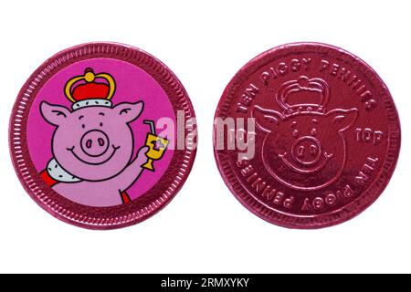 Percy Pig pennies fruit flavoured chocolate pennies from M&S isolated on white background - foil wrapped chocolate ten piggy pennies 10p front & back Stock Photo