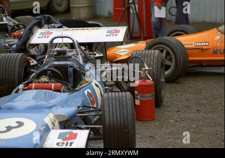 Formula 1 cars at the 1969 United States Formula 1 Grand Prix at the Watkins Glen Race Course in Watkins Glen New York on October 3-5, 1969 Stock Photo
