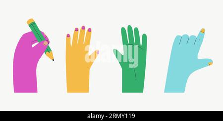 Palms and fingers of the left hand. Left hands in various poses, holding a pencil, inner and outer palms. Vertor isolated illustration. Stock Vector