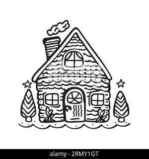 Quirky rural cabin holiday home vector illustration. Block print real estate graphic for scandi winter scene doodle, whimsy minimal stylized domestic Stock Vector