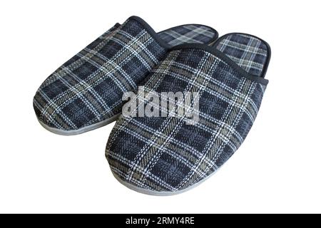 Pair of male house slippers isolated on white background Stock Photo