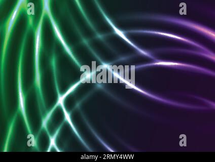 Green and violet neon shiny waves abstract background. Vector design Stock Vector