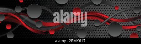 Perforated tech banner with red black smooth waves and circles. Vector background Stock Vector