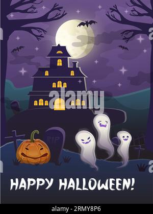 Halloween party purple banner with night moon, castle and three ghosts. Stock vector illustration isolated in cartoon style. Stock Vector