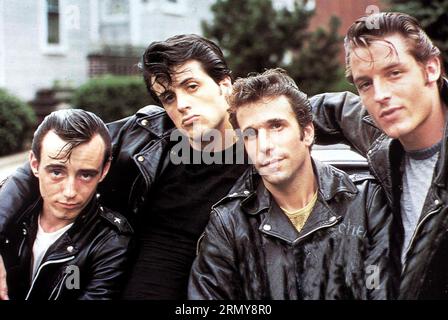 THE LORDS OF FLATBUSH 1974 Columbia Pictures film with from left: Perry King, , Sylvester Stallone, Henry Winkler, Paul Mace Stock Photo