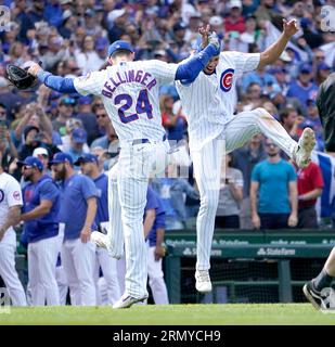 Los Angeles Dodgers center fielder Cody Bellinger (35) congratulates  Chicago Cubs left fielder Joc Pederson (24) after receiving his World  Series ring Stock Photo - Alamy