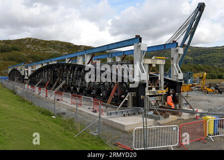 Barmouth, Wales, UK. 30th August 2023. Network Rail are making final preparations for the replacement of the two main sections of the 155 year old Barmouth Rail bridge, on the Cambrian Line in West Wales. The Grade II* listed bridge will be closed to all traffic including pedestrians for two months at the end of this week whilst the new 180 tonne bridge sections are moved into place over the existing bridge and the old bridge is cut away and removed. The replacement work is the culmination of a 3 year £30million project to restore the structure G.P. Essex/Alamy Live News Stock Photo