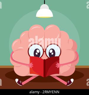 Isolated cute brain cartoon character reading a book Vector Stock Vector