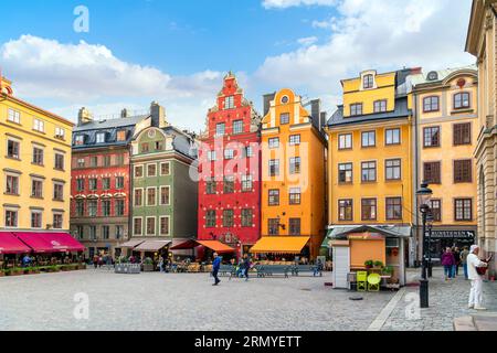 Picturesque colorful buildings with shops and cafes at Stortorget, a public square in Gamla Stan, the medieval old town in central Stockholm Sweden. Stock Photo