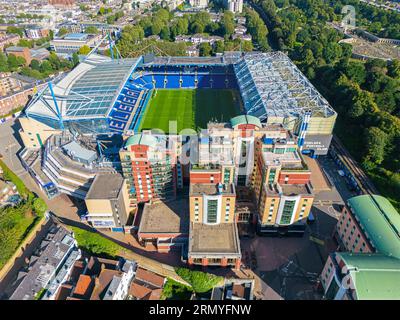 Chelsea, London. United Kingdom. 08/15/2023 Aerial image of Stamford Bridge Stadium. Chelsea Football Club. 15th August 2023 Stock Photo