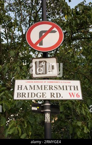 No right turn street sign on Hammersmith Bridge Road next to Hammersmith Bridge, London, England, U.K. Stock Photo