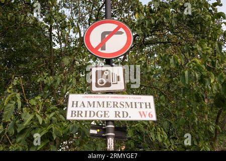 No right turn street sign on Hammersmith Bridge Road next to Hammersmith Bridge, London, England, U.K. Stock Photo